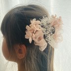 作品くすみピンク　ピンク　ドライフラワー　ヘアアクセサリー　かすみ草　かすみそう　オーガンジーリボン　リボン　髪飾り　キッズ　結婚式　誕生日　姉妹　バースデーフォト　ヘッドドレス　リンクコーデ　かわいい