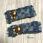 作品Denim✩*.ﾟ♢*ﾟアンティークボタンとデニム編み上げバレッタ