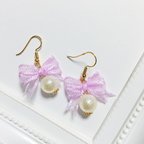 作品15★オーガンジーリボンとパールのピアス/light purple