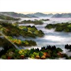 作品「山並み３題」ポストカード　３点セット　朝霧　緑の響き・熊野　秋の渓谷