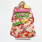 作品着物のポチ袋2093 QUOカードサイズ 赤地　桜　小菊　藤　扇子