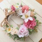 作品【母の日割】母の日💐ふんわりピンクのリース(約28cm)母の日　ミモザ　玄関リース　結婚祝い　出産祝い　新築祝い　誕生日