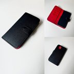 作品本革　手帳型　カード収納　名入れIPHONEケース　black+red