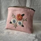 作品【春カラーポーチ】花刺繍入り　小物入れに