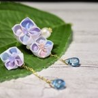 作品つまみ細工 紫陽花のアシンメトリーピアス