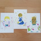 作品ミモザと女の子＆チューリップと女の子＆桜と着物の女の子（ポストカード）