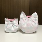 作品親子ねこちゃん巾着袋（ピンク）【桜と雪の結晶のドット柄】