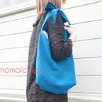 作品momoichigo  エアリーリネン  リボン結びbag   アクアブルー