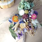 作品紫陽花とアンティークバラのナチュラルドライフラワースワッグ　花束　プレゼント　秋色スワッグ