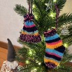 作品手編み靴下ニット帽クリスマスオーナメント【しましまカラフル】
