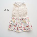 作品[犬服] XSサイズ 完成品 チワワ　　　　　　　　　　　レースニットと 花柄スカートの 切替ワンピース 背中開き バックオープン