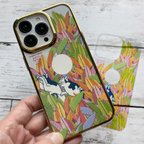 作品iPhone13Pro用浮世絵ネコさん＆ハワイアンフラワー3Wayメタリックバンパーソフトクリアケースセット・トロピカルリーフス