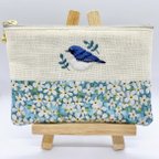 作品幸せの青い鳥　コルリ🕊刺繍　ポーチ　小鳥　野鳥　リバティ使用