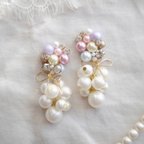 作品164.«2way» 〜夢で逢えたら〜 ピアス✴イヤリング　　パールビジュー結婚式ウェディング二次会ドレス大ぶりゆめかわいいパステルカラーピンクパープルリボンぶどう華奢繊細大人上品お洒落アレルギー対応