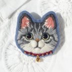 作品サバトラ猫の毛糸刺繍のブローチ