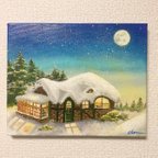 作品アクリル画　原画　雪の小屋　クリスマス