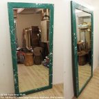 作品オールドチーク材のミラー 170cm×80cm 姿見鏡 緑色 アンティークグリーン 無垢材フレーム ハンドメイド