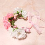 作品わんちゃんお花のかんむり、ピンク、白薔薇造花＆ピンクパールアレンジ