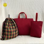 作品【完成品】3点セット　キルト　赤袋　入園入学　レッスンバッグ　くつ袋　お着替え袋　女の子