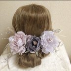 作品ヘッドドレス＊ヘッドパーツ＊髪飾り＊結婚式＊ウェディング＊卒業式＊パーティー＊ピンク＊パープル＊リボン＊造花＊アーティフィシャルフラワー