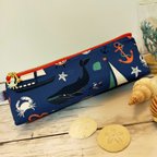 作品sea fabric ペンケース＊ネイビー　クジラ