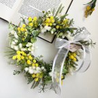 作品new✿. mimosa wreath ミモザリース イエロー＆ホワイト ミモザ 春のリース スプリングミモザ プレゼント 母の日 母の日ギフト ミモザの日 毎年飾れる