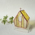 作品[Mimosa-colored roof church]  【Medium】教会•ハウス•キャンドルホルダー•ステンドグラス