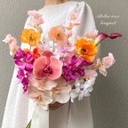 作品🍀オーダーブーケM受付ページ💐ブートニア付き✨ウェディングブーケ　アーティフィシャルフラワー　アーティフィシャルフラワーブーケ　ブライダルブーケ　前撮り　リゾートブーケ　トロピカルブーケ　