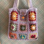 作品モチーフ編みのトートバッグ（すみれ色）★手編み　編み物　モチーフバッグ　レトロで可愛い