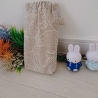 作品🌸リネンベージュ花　ばね口ポーチ　リネン　刺繡　ボタニカル　裏地付き　メガネケース　筆箱　ペンケース　スリムペンケース