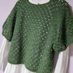 作品❀春夏糸❀ コットン  かぎ針編みふわっとセーター  ゆったり 短め 身幅56ｃｍ着丈52ｃｍ  抹茶色
