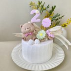 作品【お名前トッパー付き】くまさんとお花のアイシングクッキー風クレイケーキ