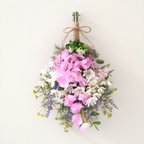 作品💐ピンクのスイートピーとラベンダー❀スワッグ❀壁掛け❀玄関ブーケ❀アーティフィシャルフラワー❀ブーケ