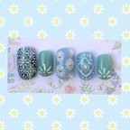 作品No 5 モロッカンネイル/ お花ネイル/ グリーン/ green nail tips 