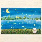 作品透明水彩画「ホタルを眺める猫」イラストポストカード２枚セット　バースデーカード  ねこ　ネコ　ほたる　月　三日月　蛍　暑中見舞い