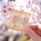 作品【金属アレルギー対応】白桜のふわふわタオルくるみボタンと揺れる桜の花びらピアス/イヤリングetc.（オーガニックコットン100％/サージカルステンレス316L使用）