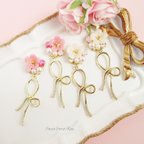 作品【再販】【2色】Flower Bijou & Ribbon　イヤリング ピアス ビジュー スワロフスキー 花 フラワー リボン パール 揺れる