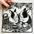 作品『春のピクニック』切り絵　オリジナルデザイン　うさぎ　桜　花　イラスト