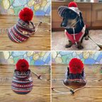 作品犬の帽子・小型犬Mサイズ・赤ポンポン付きキャップ　ノルディック柄