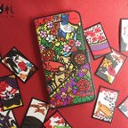 作品◇iPhoneX対応◇手帳型スマホケース-はにゃふだ【花札猫】-（黒カバー）ほぼ全機種対応