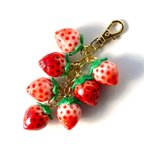 作品プチ摘みたてたわわいちごキーホルダー🍓(樹脂・赤白ミックス・Bパターン) 《strawberry bag charm》《strawberry key ring》