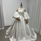 作品パーティードレス アイボリー パフスリーブ 取り外し 編み上げ  ベアトップ 前撮り 結婚式