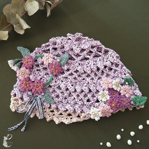 総手編み和風桜のニット帽