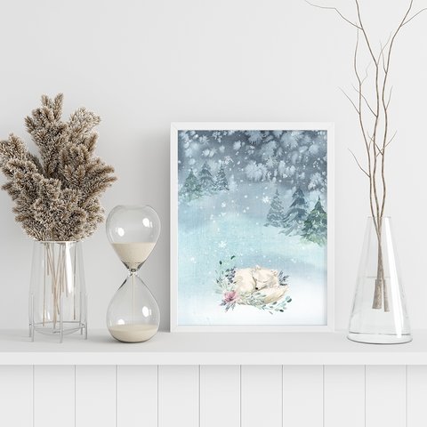 冬の動物ポスター　/ i1102 / パステル調の優しい風景　白くま、うさぎ、きつね