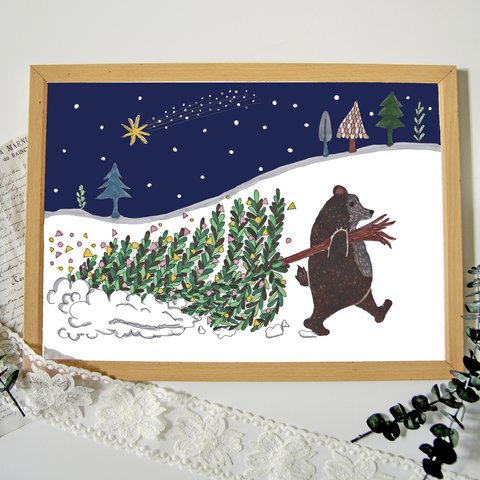 ”クリスマスの準備をするクマ”インテリアポスター