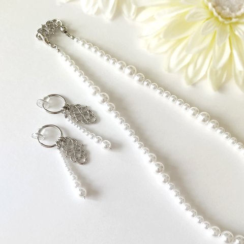 卒業式、入学式、結婚式など...ハレノヒに《2点Set＊イヤリング＆ネックレス》Infinity with Bubbles pearl/Silver