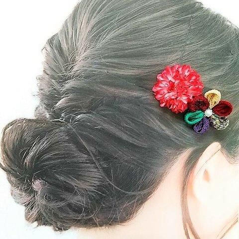 マムとつまみ細工の髪飾り・ヘアピン2個セット（レッド＆パープル）