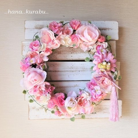 ◆ひなまつりリース・小さなお雛様・ピンクのタッセル◆アーティフィシャルフラワー・リース・壁掛け・造花◆花倶楽部 