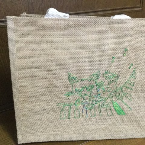 手刺繍マイバッグ👜ピアノと猫