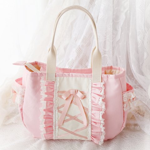 ◆SOLD◆甘々♡春色ピンク＊編み上げ風リボンが可愛い＊フリルトートバッグ